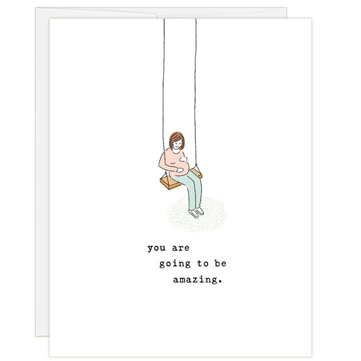 Line illustration of an expecting mother or pregnant woman siting on a swing with her hands on her belly. Soft shades of mint green and salmon. Text: you are going to be amazing. Inside text: Happy Mother's Day.