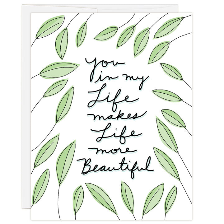 Illustrated Mother's Day Card with green leaves loose surrounding a handwritten script message: you in my Life makes Life more Beautiful. Inside message: happy mother's day.