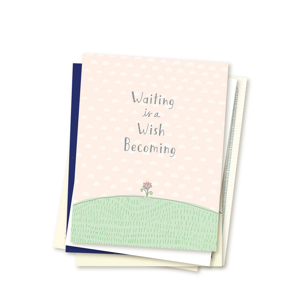 Stack of six adoption waiting cards in a 6-card set. Top card shows pale pinkish-colored sky above a single small blooming flower. Title reads Waiting is a Wish Becoming. Other cards in the set peek out from behind.  