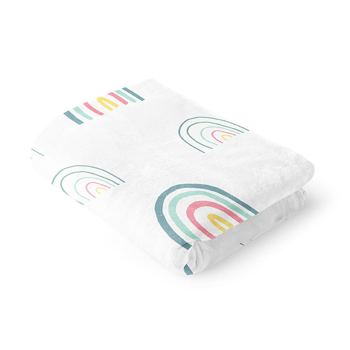 Folded 30 by 40 inch silky-soft fleece blanket that is hypoallergenic. Perfect size for a toddler or child. Bright white blanket printed on one side only. 15 large and small hand drawn rainbows scattered across blanket in magenta, light teal, bright yellow and green with the words hugs & kisses hand drawn in peach color. The words adoptionly yours in light teal typewriter font on lower left corner of blanket on front. 