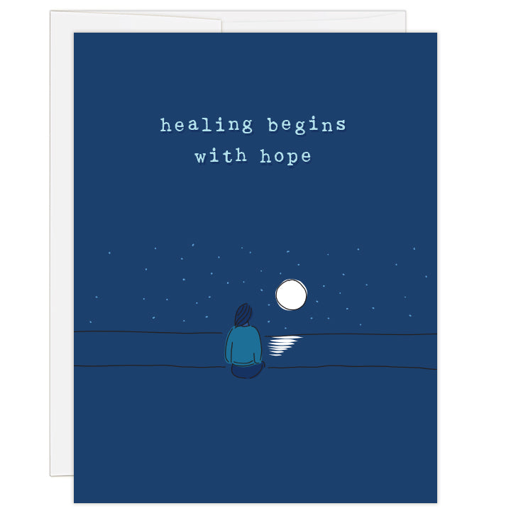 4.25x5.5" adoption greeting card for encouraging a birth mother along her journey of healing. Blank inside. Cover art woman seen from behind looking at bright moon and starry sky. Title reads: healing beings with hope. 
