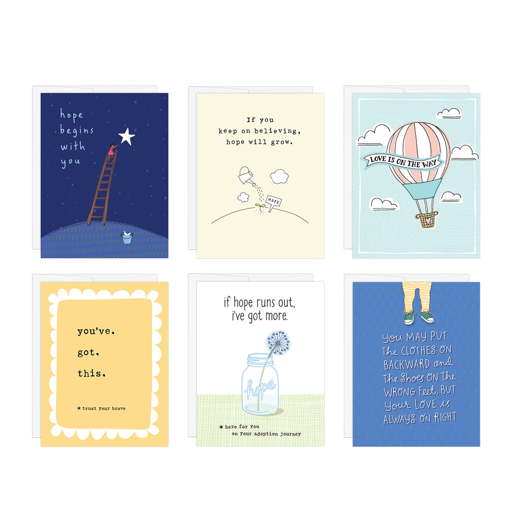 Six cards side-by-side in two rows displaying the cards in a 6-card set of adoption encouragement greeting cards. Simple, charming hand-drawn illustrations in gentle colors feature messages about hope and love. Each card is 4.25 x 5.5 inches with a white envelope. Blank inside.