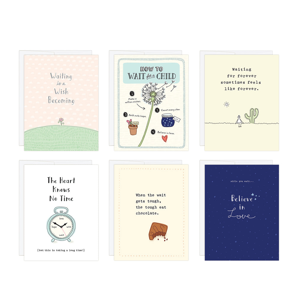 Layout of six cards in a 6-card set of adoption greeting cards for the adoption wait. Simple, charming illustrated cards for waiting, some with lighthearted messages, others gently encouraging. Each card is 4.25 x 5.5 and blank inside. 